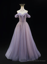 A-line Gray Blue Tulle Beading Prom Dress